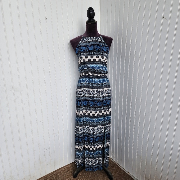 Timing Stunning Sleeveless Geo Maxi Dress Front Slit Crimple Stretch Halter Sz S - Picture 1 of 12